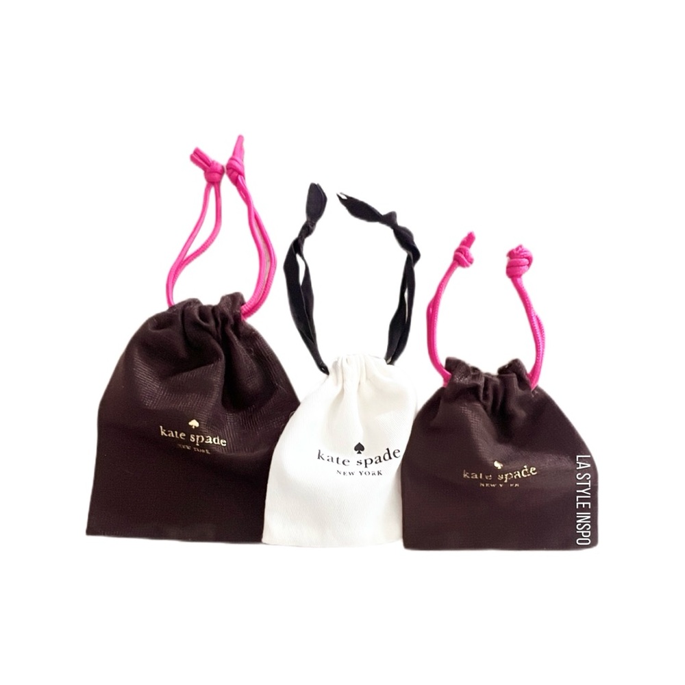 Kate Spade Set 3 mini drawstring dust bags Brown Gold and White Black